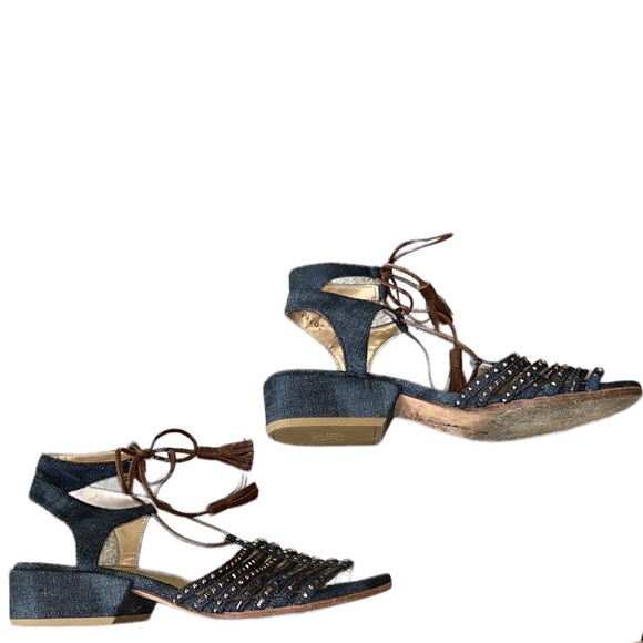 Stuart Weitzman Skippity Antique Denim Strappy Tassel Wrap Sandals 7.5 - Picture 9 of 16